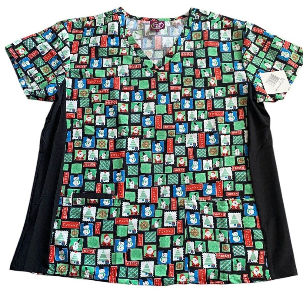 Divine Scrubs by JDM Women's Christmas Scrub Top Size 2X- Santa & Snowman